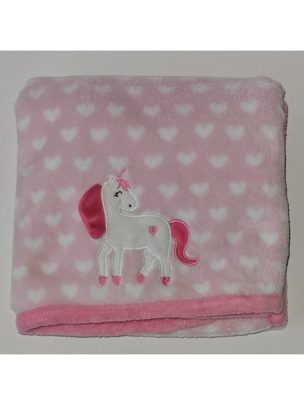 Parent's Choice Pink Fleece Baby Blanket Unicorn White Hearts 30x40